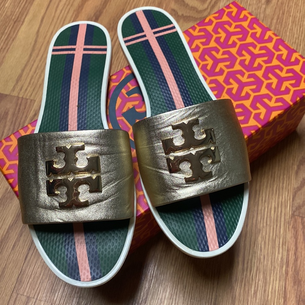 Tory burch eleanor slide gold logo slide sandals - Picture 1 of 5